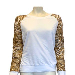 White Sweater with Gold Sequin Sleeve